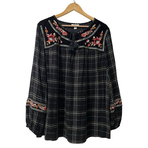 Style & Co Womens Floral Embroidered Velvet Trim Peasant Top Size XL Black Plaid - Picture 1 of 8